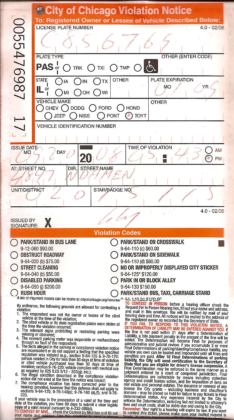 City of Chicago Parking Ticket